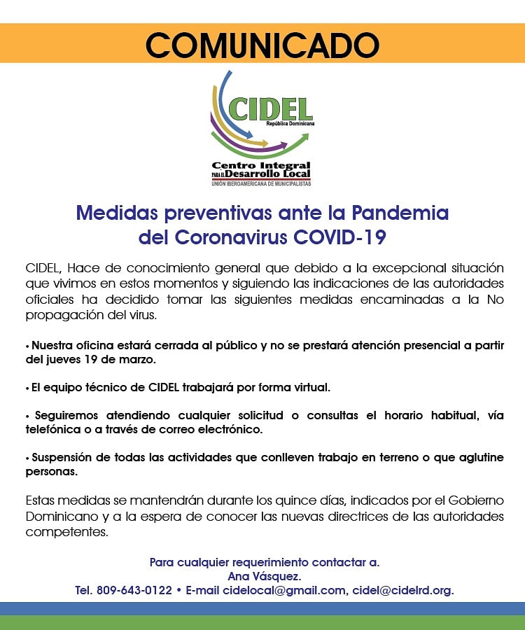 COMUNICADO: Medidas preventivas ante la pandemia del Coronavirus COVID-19